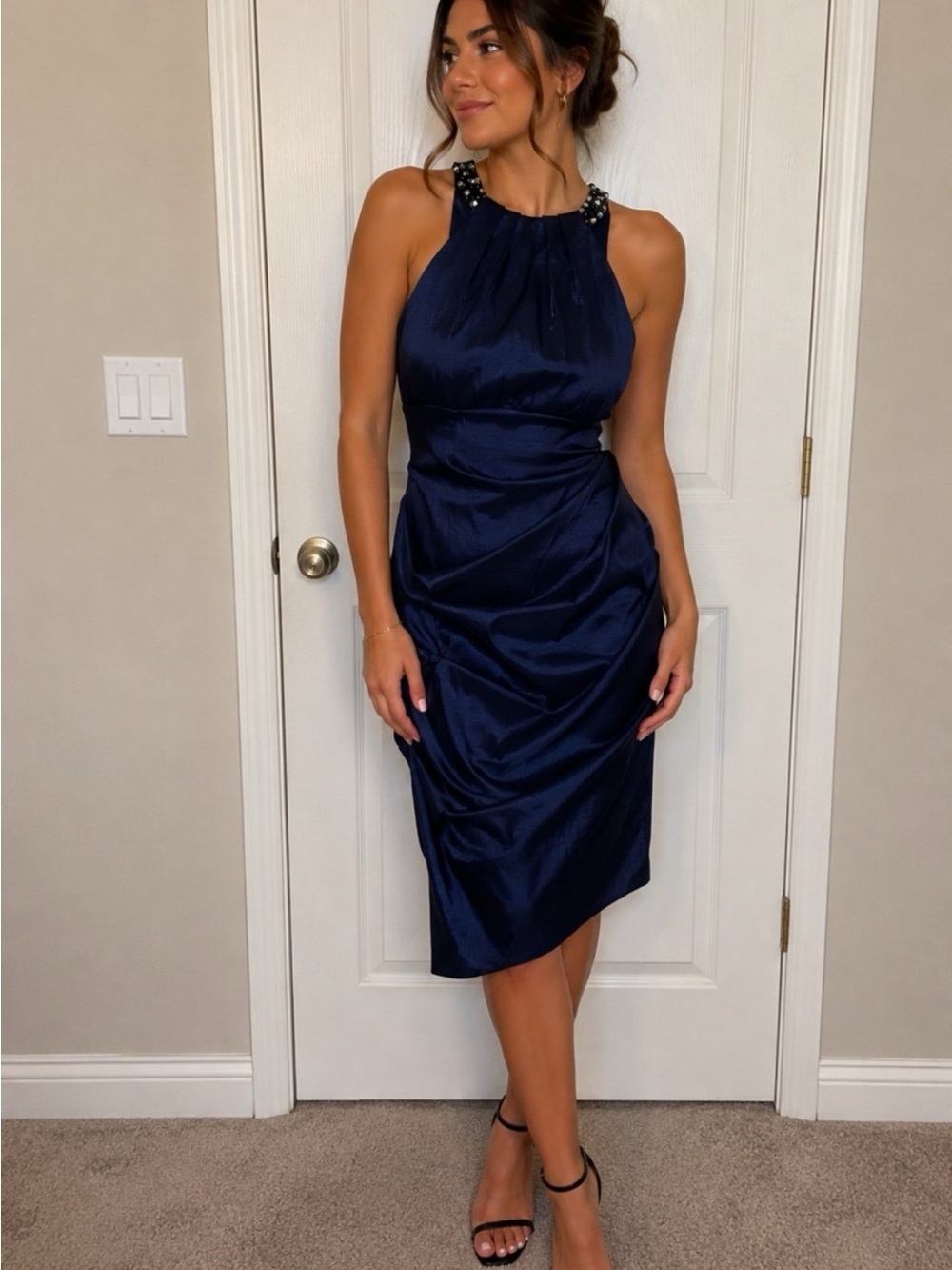 Elegant Navy Halter Midi Dress with Embellished Shoulders